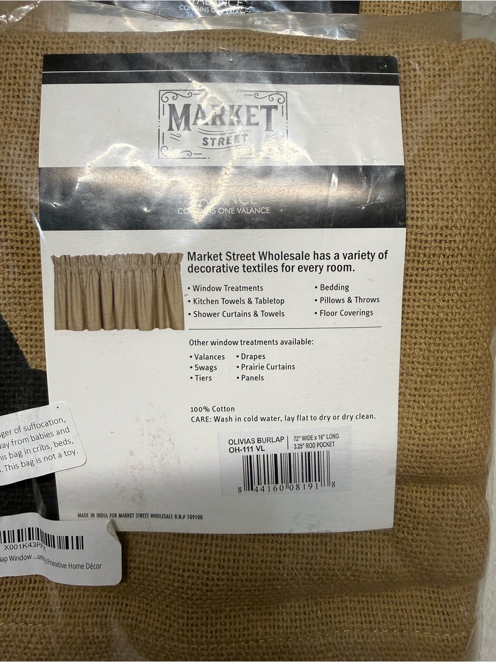 Market Street Burlap Window Valance in Tan set of 4 New